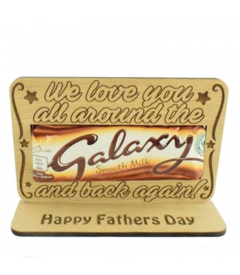 Laser Cut Oak Veneer 'We Love You All Around The Galaxy And Back Again' Chocolate Bar Holder On Stand